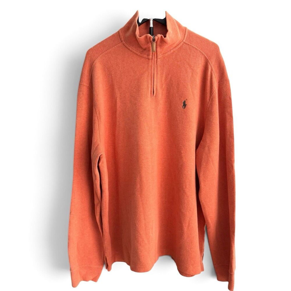 Polo Ralph Lauren 1/4 Zip Sweater Men XL Orange Mock Neck Knit Pullover Pony